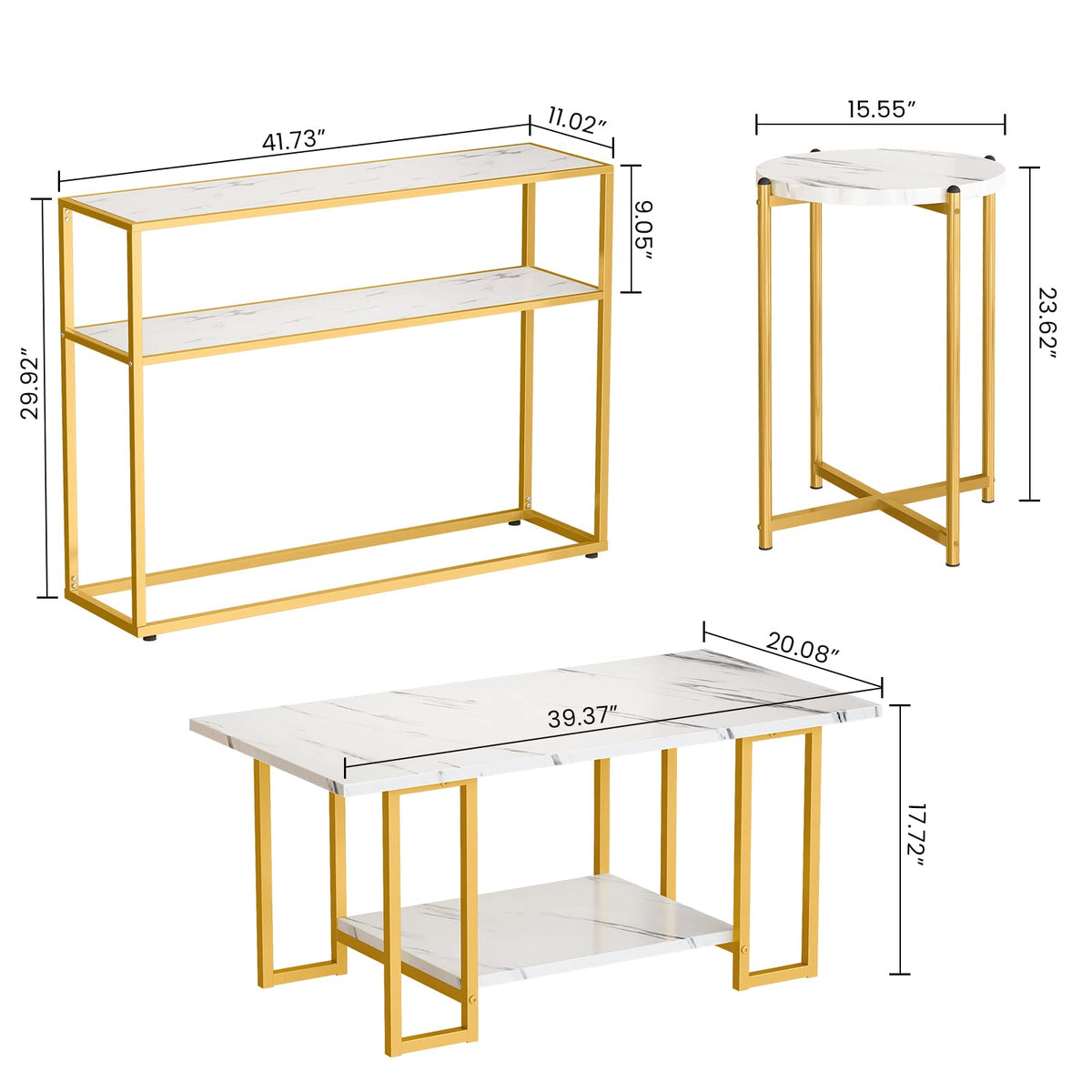 Lamerge 3pcs Living Room Table Set, Faux Marble Coffee Table with Round End Side＆Console Table, Modern White Coffee Table Set with Gold Metal Frame for Home Living Room Office Entryway, Round End