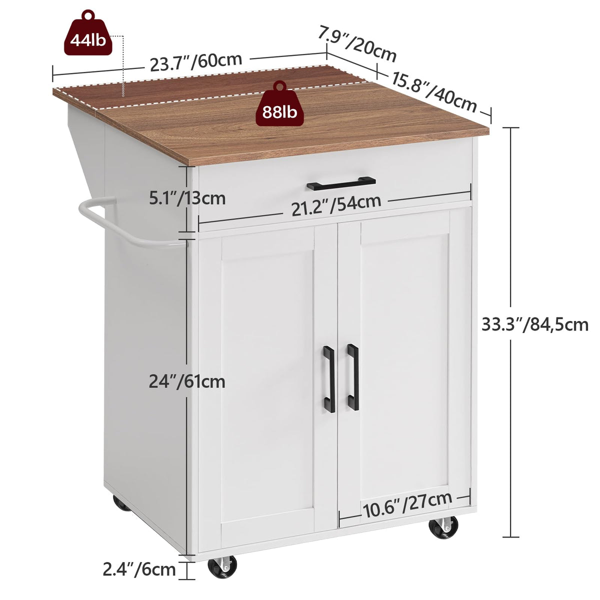 MAHANCRIS Kitchen Island on Wheels with Drop Leaf, Folding Countertop Kitchen Island Cart, Kitchen Island Table with Towel Rack, Drawer, for Kitchen, Dining Room, White and Walnut KIBZ12501