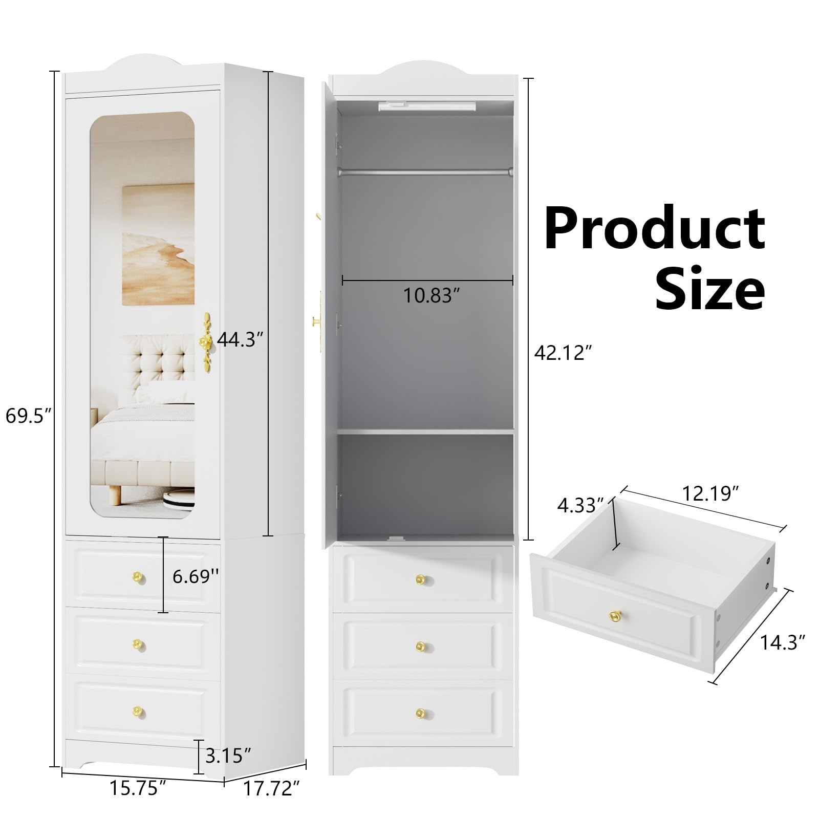 JanflyHome Armoire Wardrobe Closet, Updated White Bedroom Armoires Cabinet with Mirror Door and 3 Drawers, 15.7" W/69.5" H Clothing Storage Cabinet with Hanging Rod & Sensor Light for Bedroom-Left