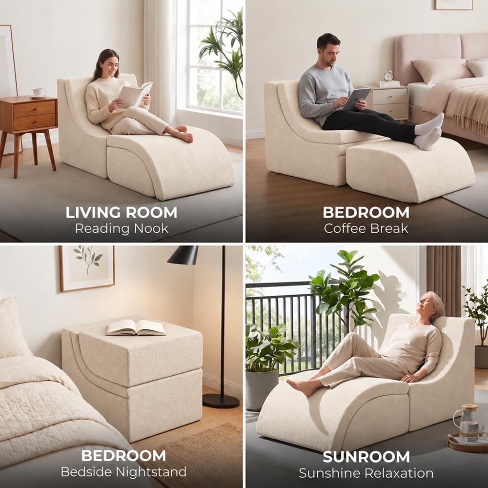 NeoNook 3-in-1 Convertible Chaise Lounge Chair with Curved Back, Chenille Armless Boneless Floor Sofa, Comfortable Lazy Chair Reading Chair for Bedroom, Living Room (White)