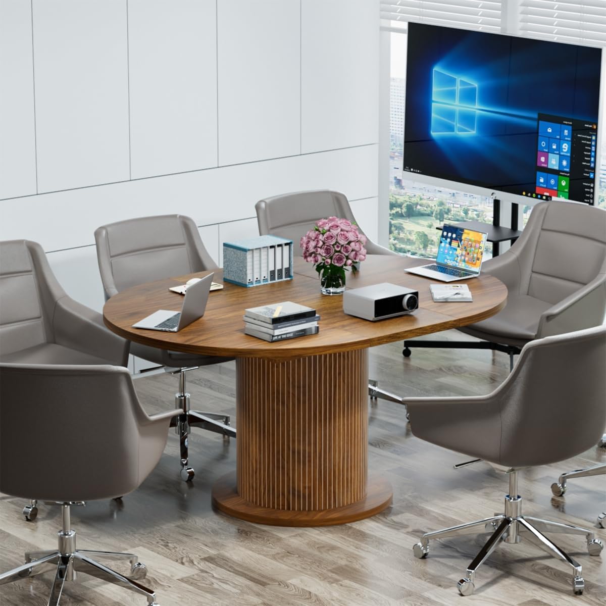 43.3 inch 59 inch Adjustable Size Round Conference Table for 4-6 People, Unique Design Modern Meeting Room Table, with Wood Strip Base (Walnut)