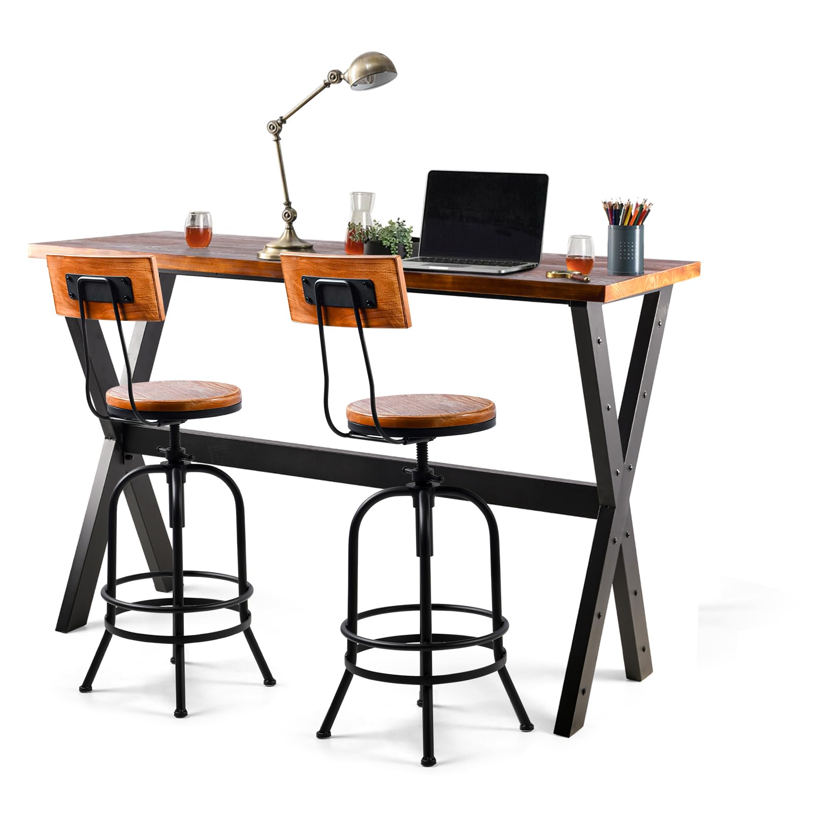 3-Piece Table & Chairs Set, Space-Saving Furniture for Home Bar Dining Cafe Pub, Industrial Black Metal & Rustic Brown Wood, Heavy Duty, X-leg Rectangular Table, 2 Swivel Adjustable High Barstools