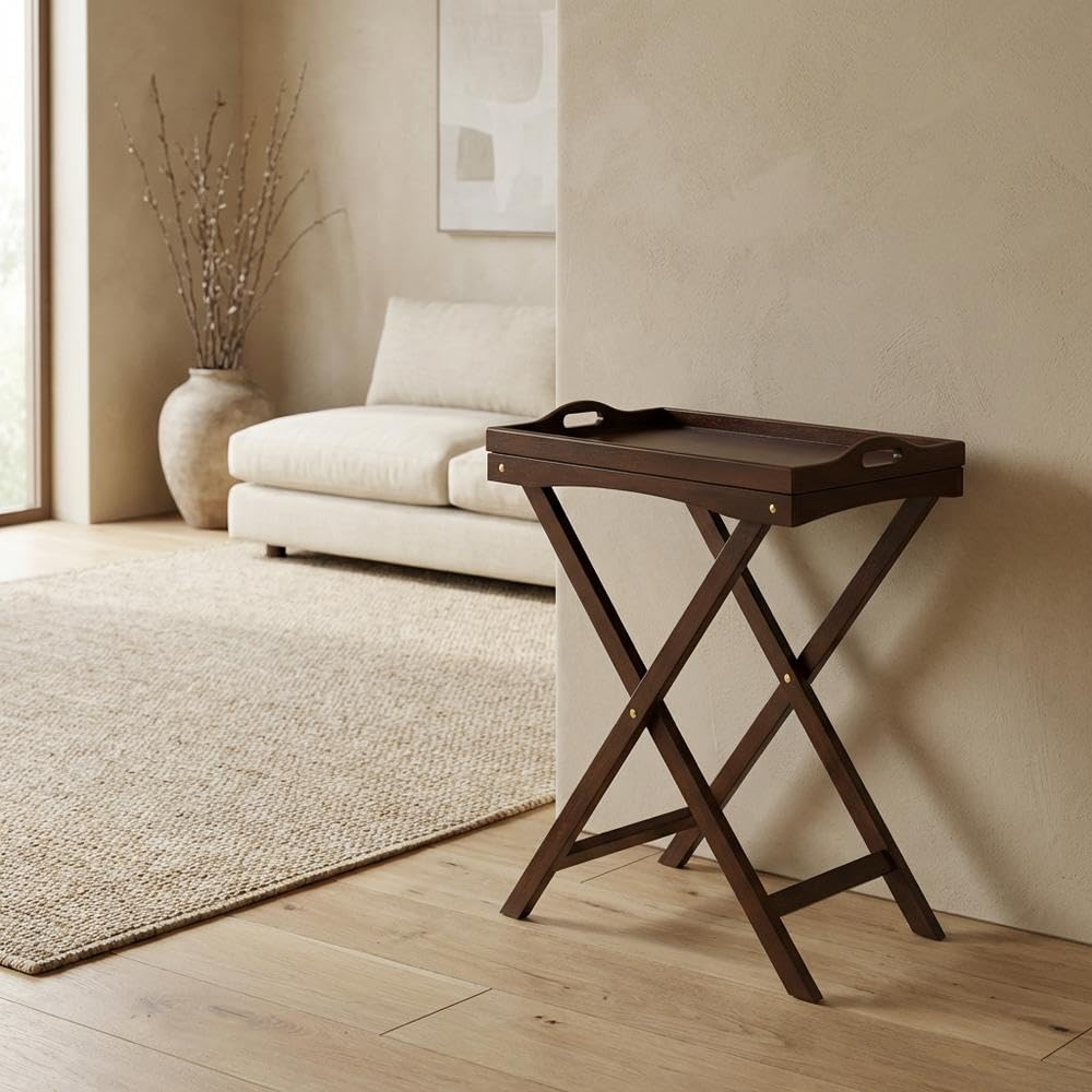 Furnifact Solid Wood Butler Tray Table in Antique Walnut Finish, Versatile TV Tray Table with Removable Serving Tray for Dining Or Living Room