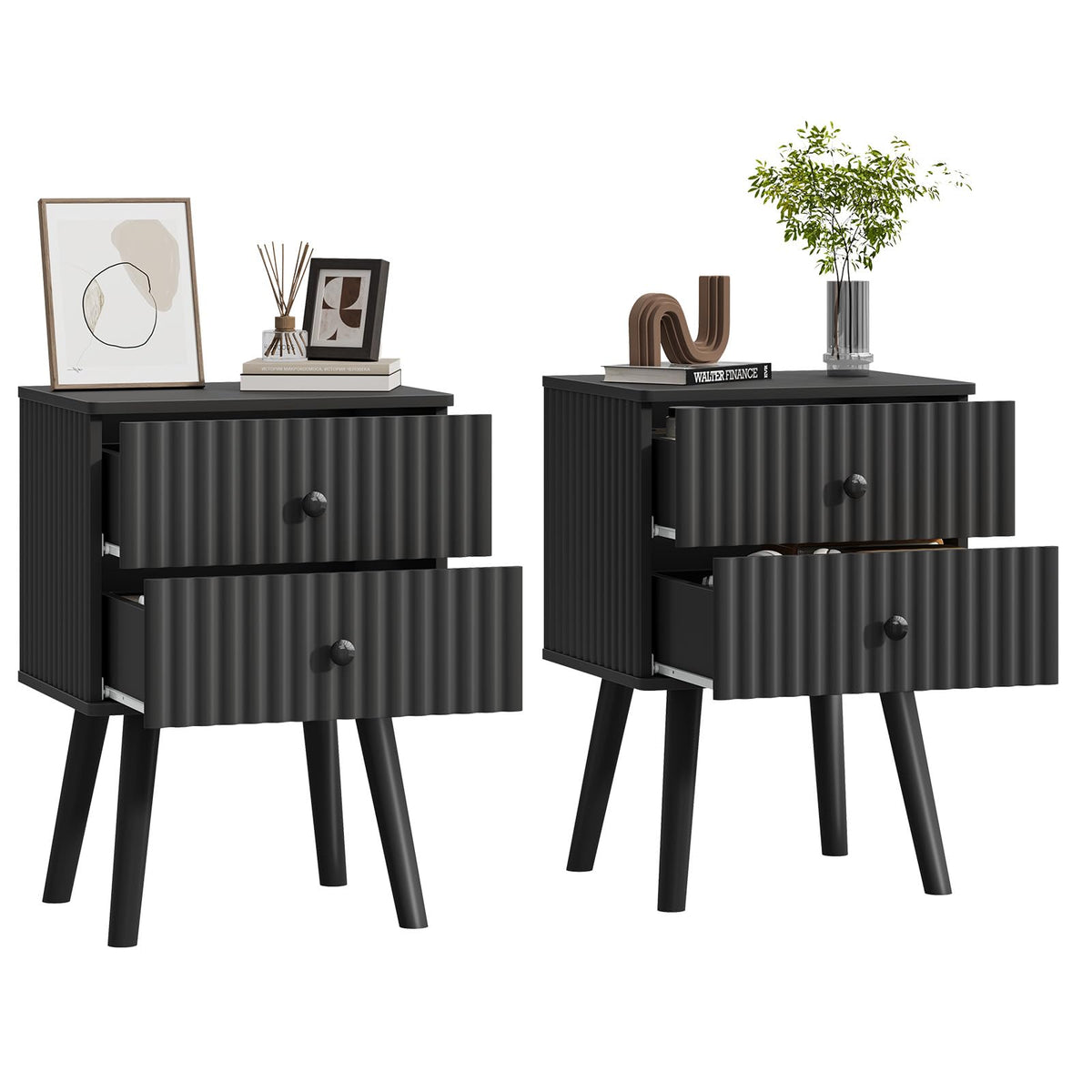 Gacfiew Wooden Nightstand with 2 Drawers, Fluted Night Stand Set of 2, Morden Side Table for Bedroom, Living Room and Small Space, Black