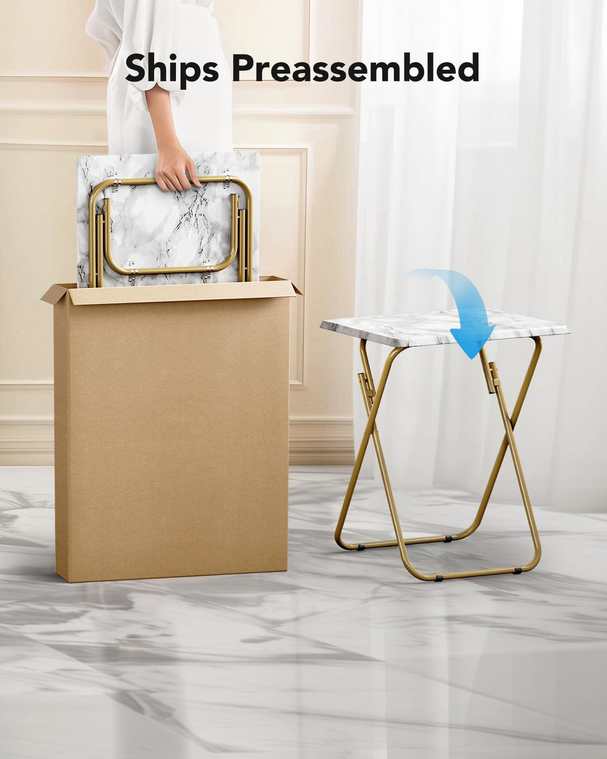 HUANUO Folding TV Tray Table, No Assembly TV Tray with Marble-Look Top