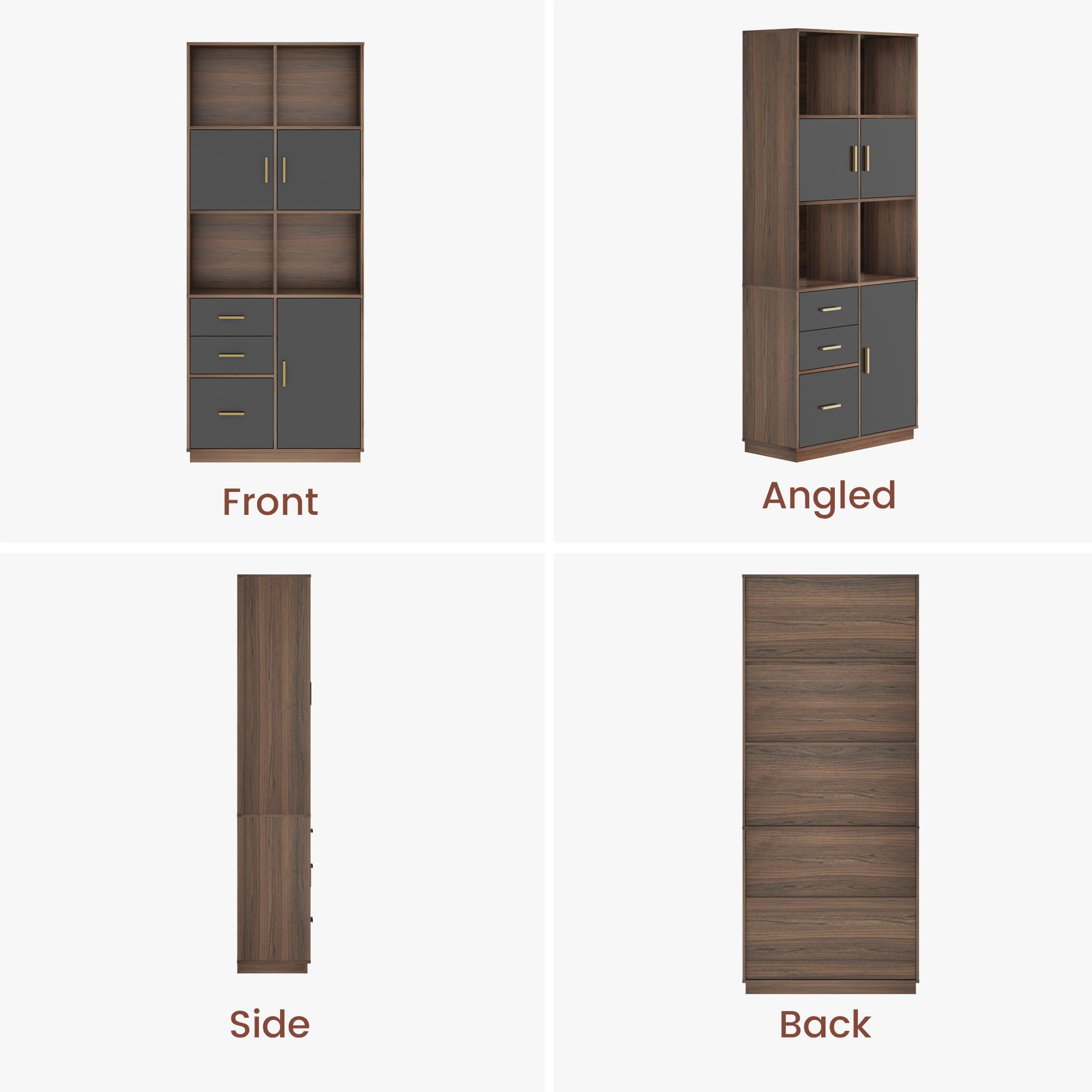 74.6" Tall Bookcase with 3 Drawers & Doors, Wood Bookshelf with Open Cubes & Adjustable Shelves, Fits A4 Hanging Files, Modern Free-Standing Bookcase for Home Office, Living Room, Study, Black Walnut