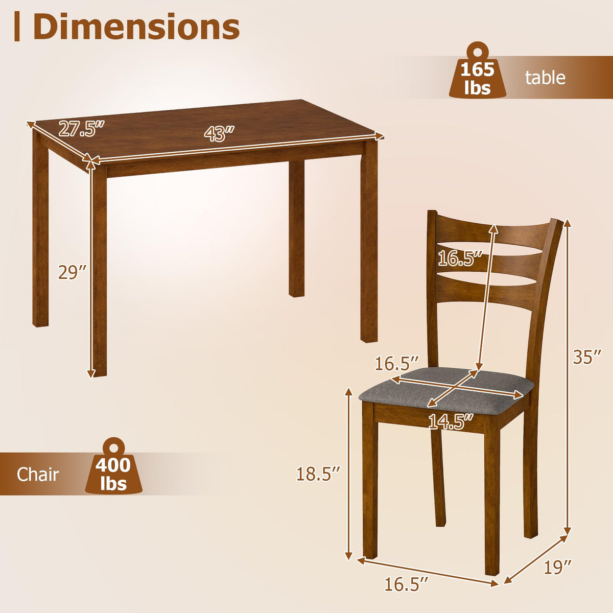 GIANTEX Dining Table Set for 4, Rectangular Kitchen Table Set w/ 4 Upholstered Chairs & Solid Rubber Wood Frame, Space-Saving Farmhouse Dinette Set for Small Space, Dining Room, Breakfast Nook