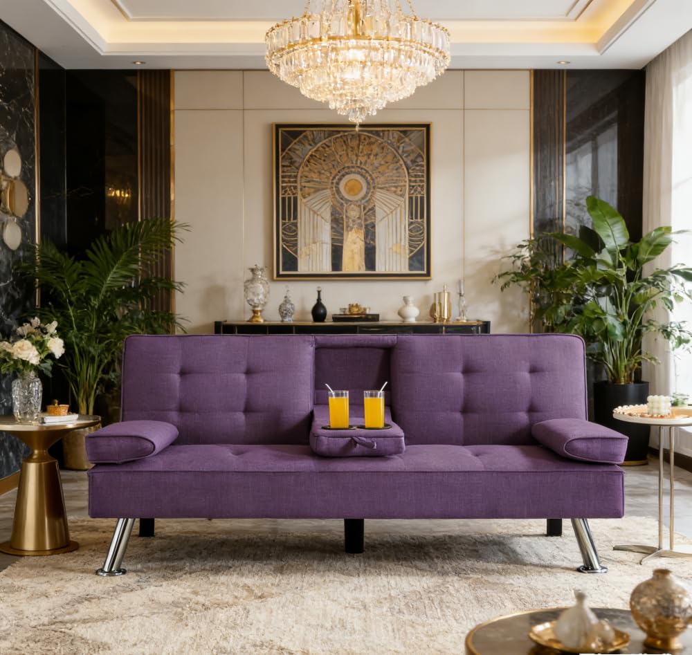 Purple Futon Sofa Bed with Cup Holders