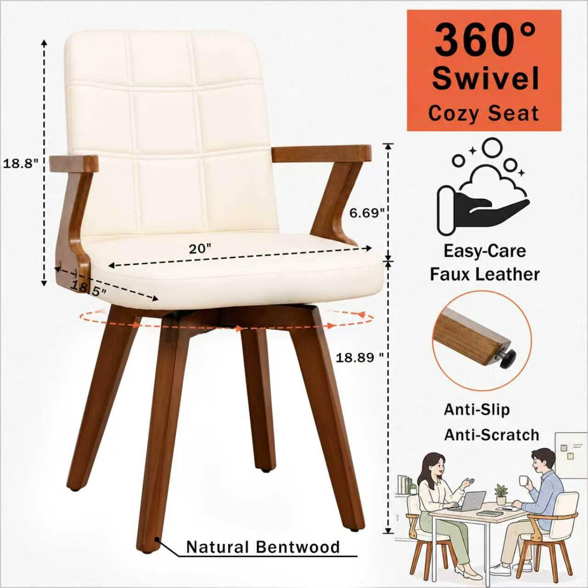 Mid Century Modern Home Office Chair with Walnut Finish, Ergonomic Faux Leather Desk Chair with Silent Rolling Wheels, Curved Back and Arms (Beige - Wooden Legs, Set of 1)