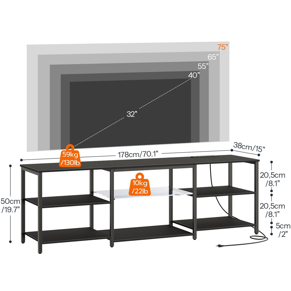 HOOBRO LED TV Stand for 75 Inch TVs with Charging Station, Gaming Entertainment Center with 3-Tier Open Storage, Long 70.1” Media TV Console Table, TV Stand for Living Room, Bedroom, Black BB22UDDS01