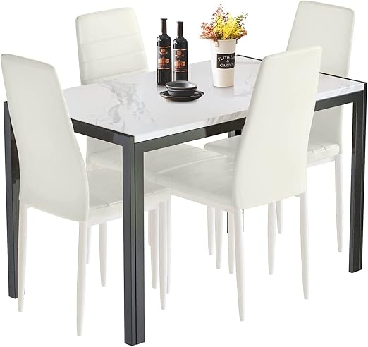 5-Piece Faux Marble Dining Table Set with Velvet Chairs