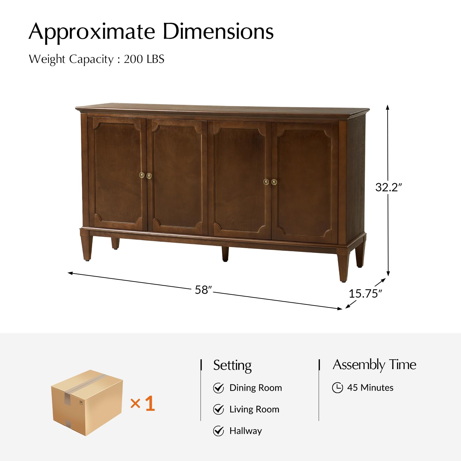 HULALA HOME Mid-Century Modern Sideboard Cabinet, 4-Door Storage Buffet, 58" W x 15.75" D x 32.2" H, Adjustable Shelves, Solid Rubberwood Legs(Walnut)