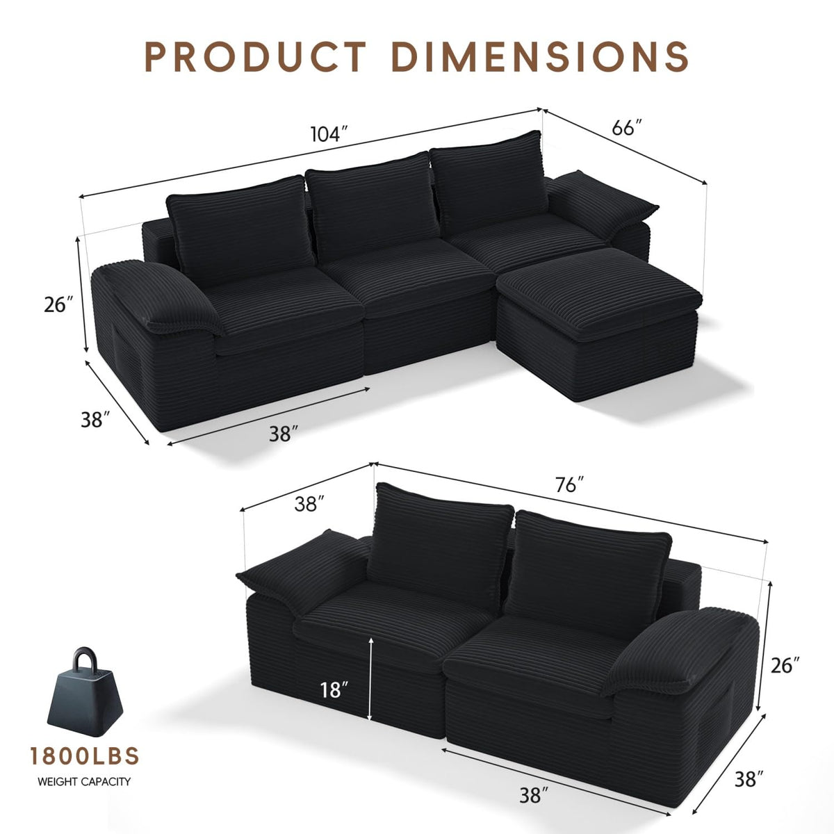 Black Corduroy Sectional Sofa Set