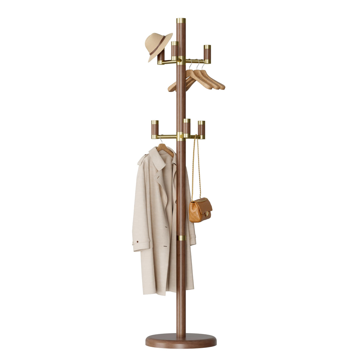 Dkjdssek Solid Wood Coat Rack Freestanding with 6 Gold Metal Hooks
