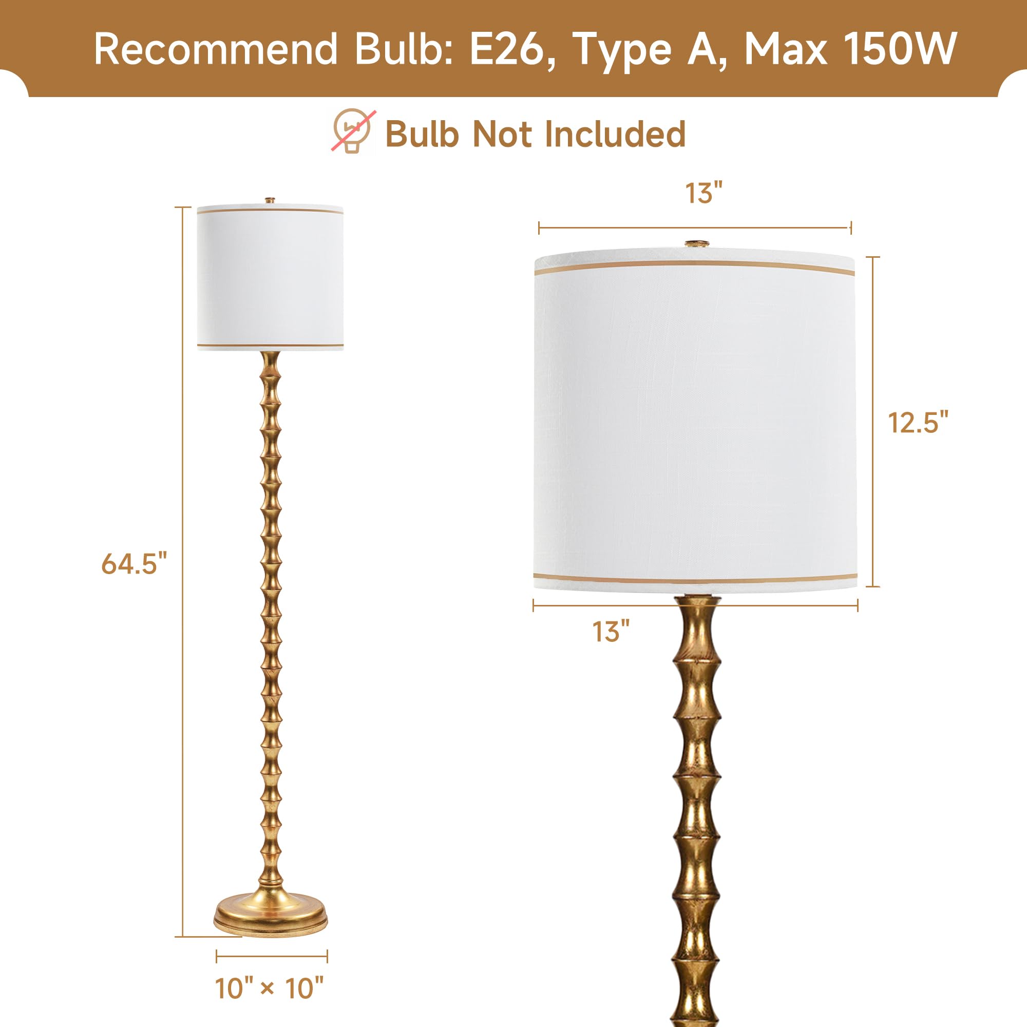 64.5" Vintage Gold Floor Lamp with Linen Drum Shade