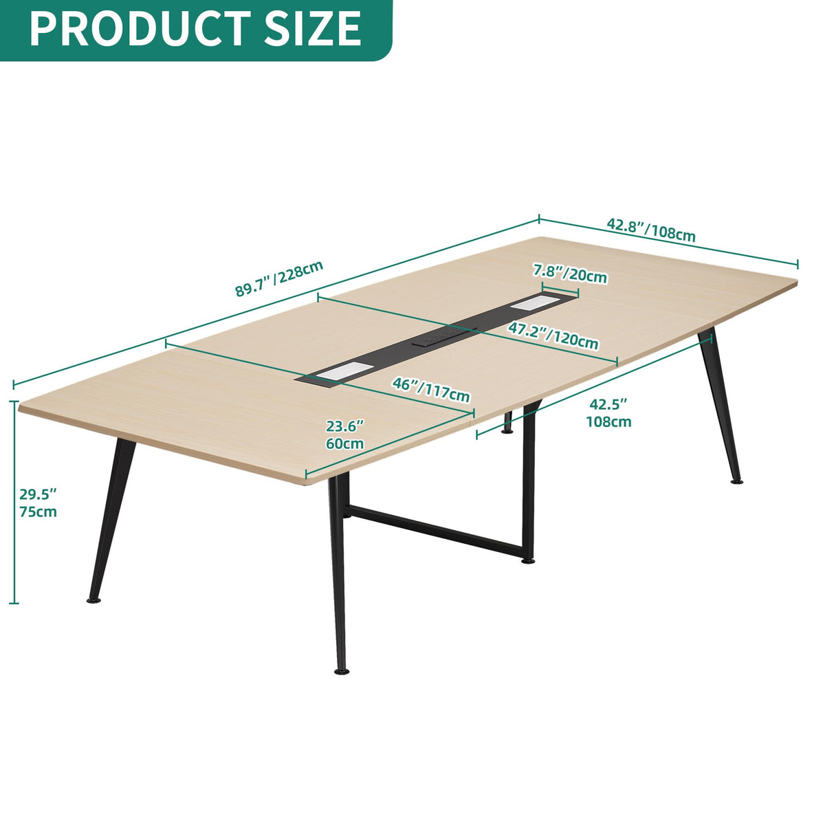 YITAHOME 90" Boat Shaped Conference Table with Power Outlets, Light Wood