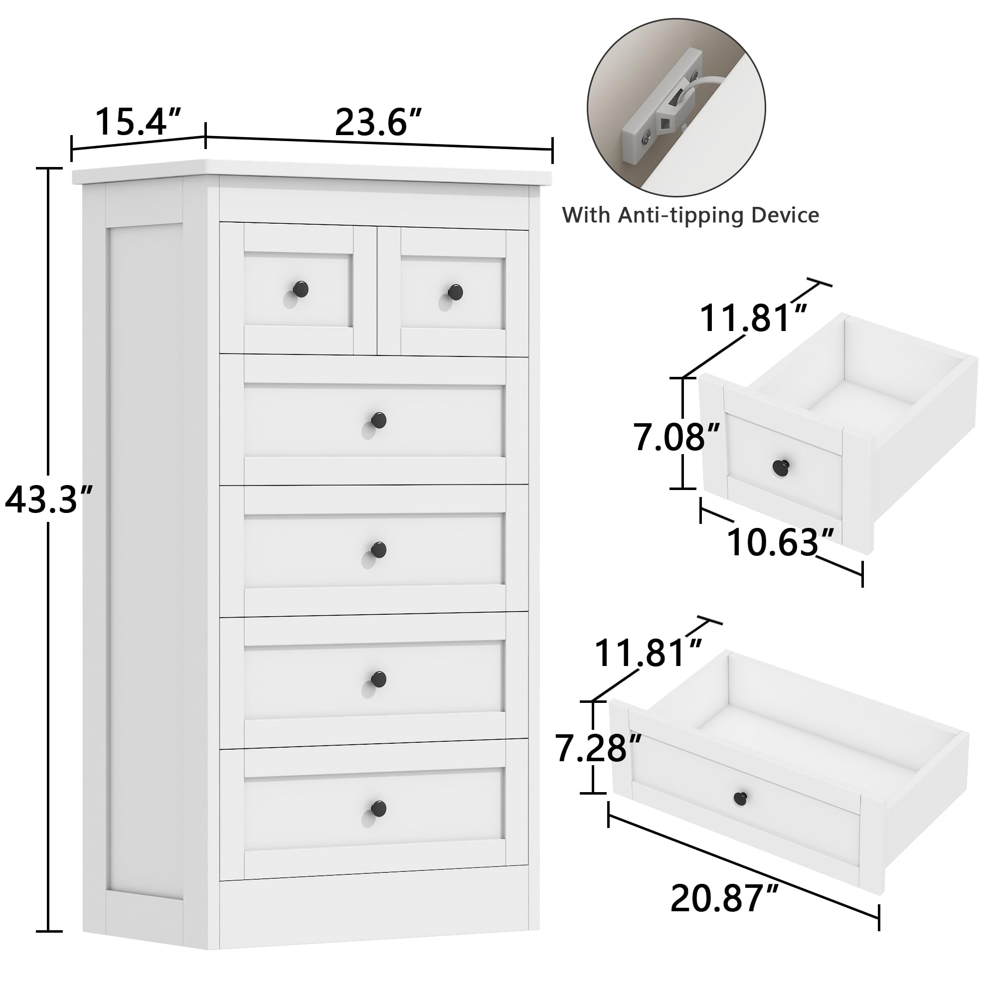 wanan Tall 6 Drawer Dresser for Bedroom, White Modern 43.3'' Tall Wood Chest of Drawers, Storage Organizer with Smooth Metal Rails & Anti-Tip Kit for Closet, Hallway, Living Room