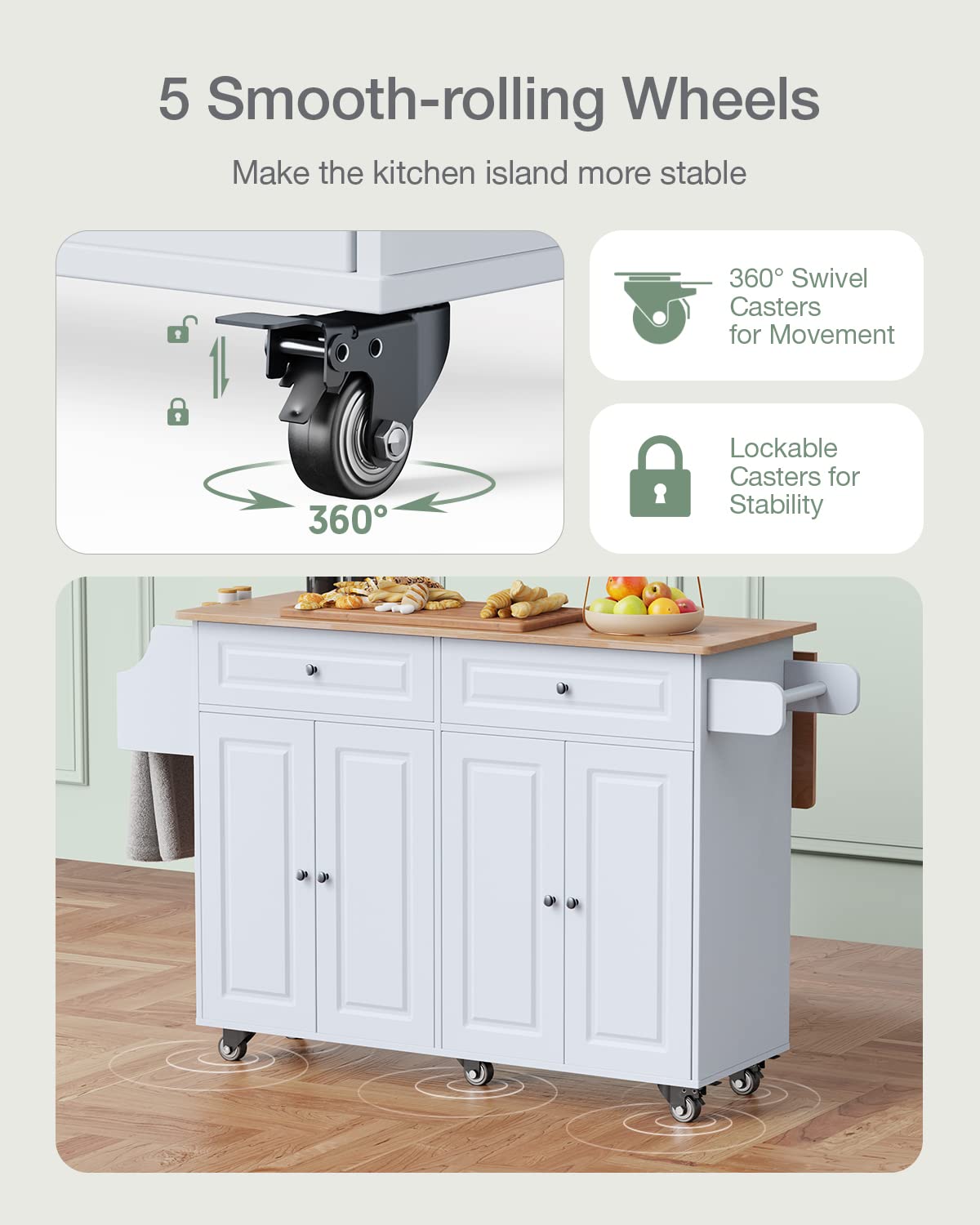 Kitchen Island Cart with Rubber Wood Top, Storage Cabinets & Drawers
