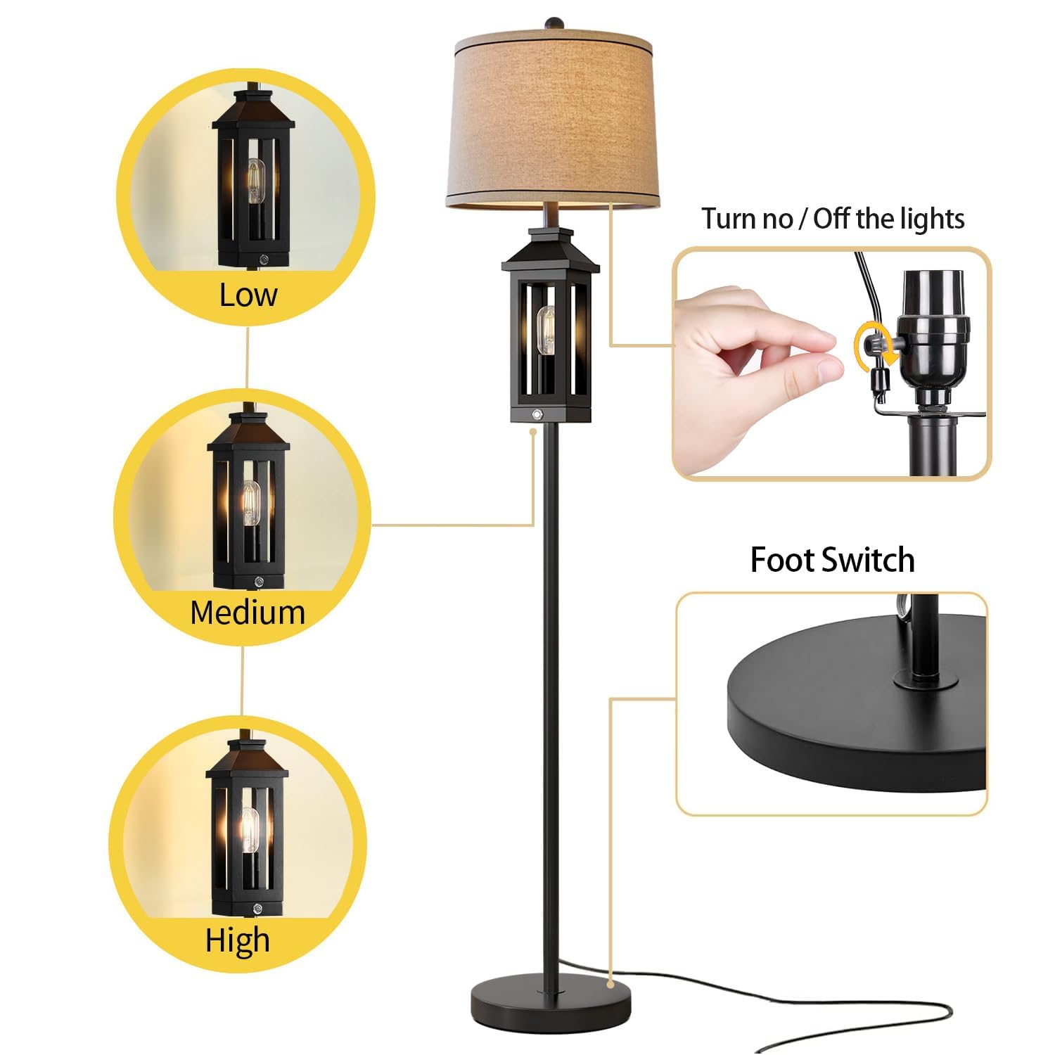 G-SAFAVA 63" Floor Lamps for Living Room Bedside Nightstand Lamp All Black Tall Standing Lamp for Home Decor Bedroom Reading Lamp Farmhouse Rustic Bed Lights with 2 Light Sources (2 Bulbs)