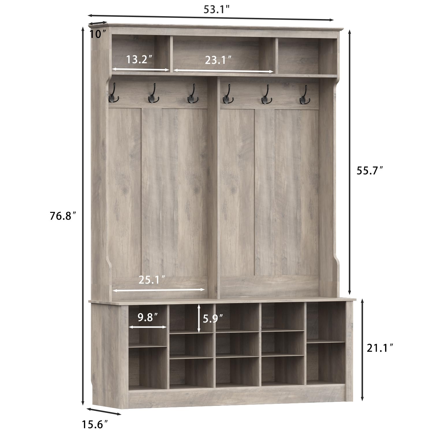 4-in-1 Farmhouse Hall Tree with Bench, 12 Shoe Cubbies & 6 Hooks
