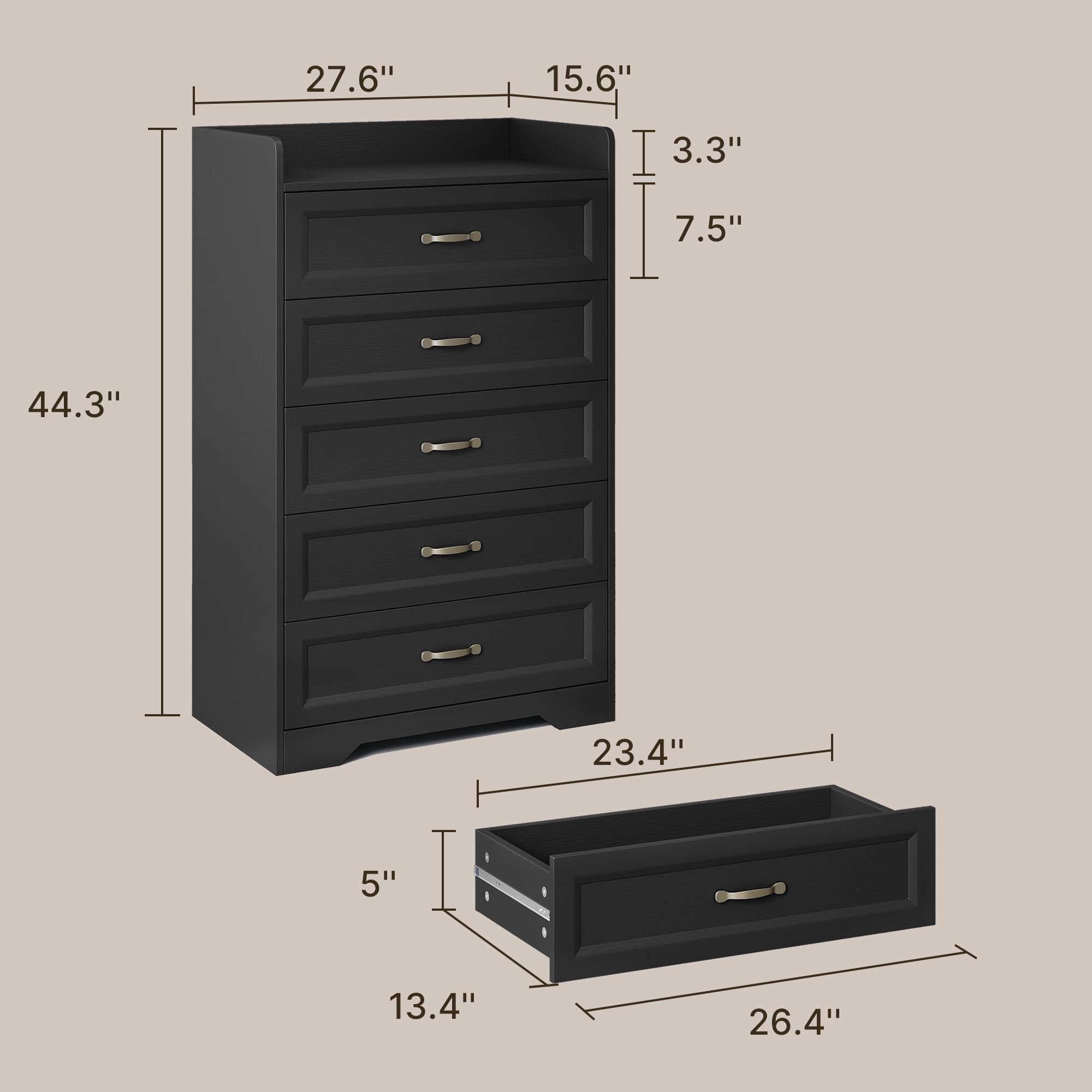 Gizoon 2-Piece Bedroom Furniture Set, 2-PC Dresser Set for Bedroom, Includes a 5 Drawer Dresser and a 6 Chest of Drawers, with Smooth Rail, Handles, Anti-Tipping, Large Storage Space, Black