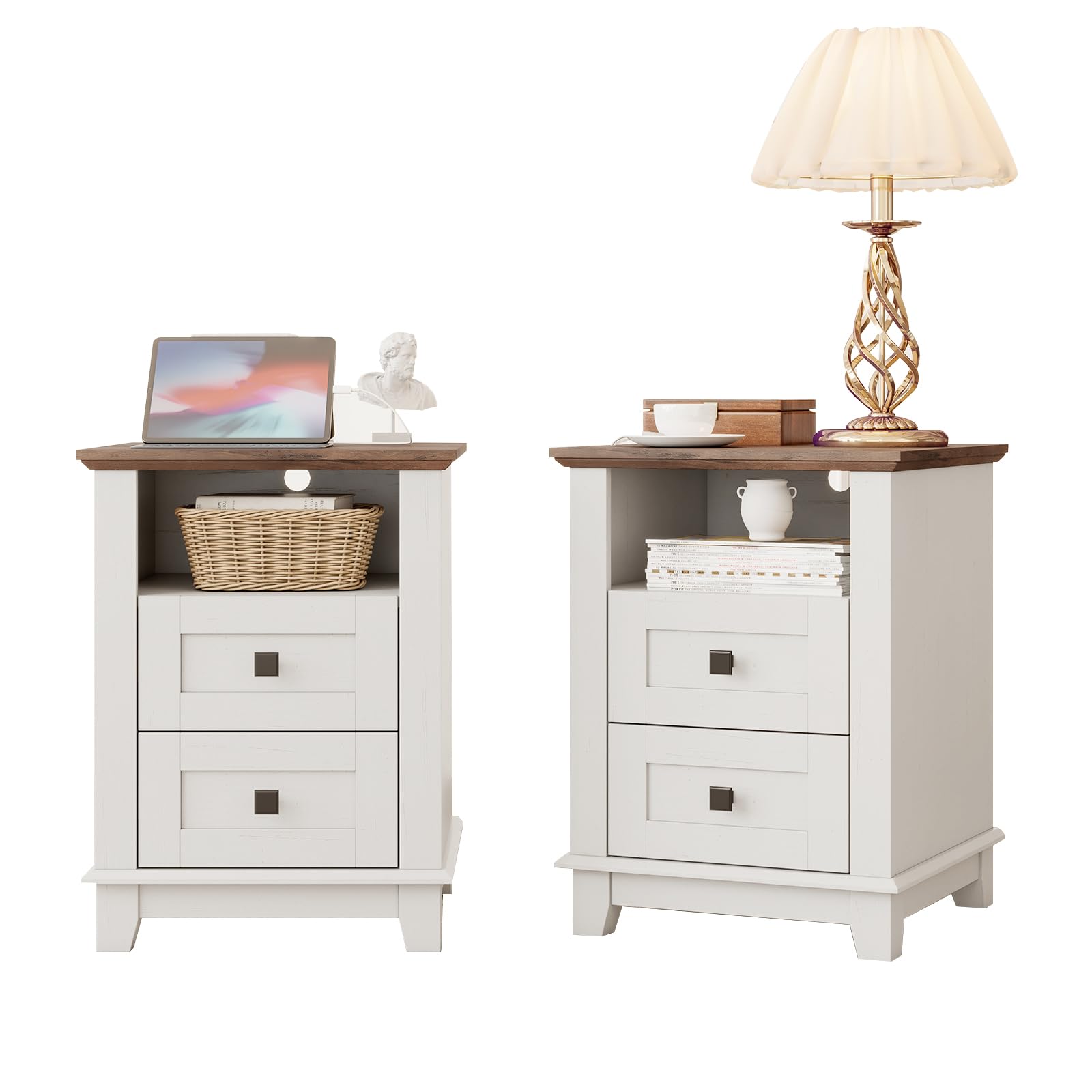 LUXOAK Farmhouse Nightstand Set of 2 with Charging Station, End Tables with 2 Storage Drawers & Open Shelf, Rustic Wood Bedside Tables for Bedroom, Living Room & Office, White/Barnwood
