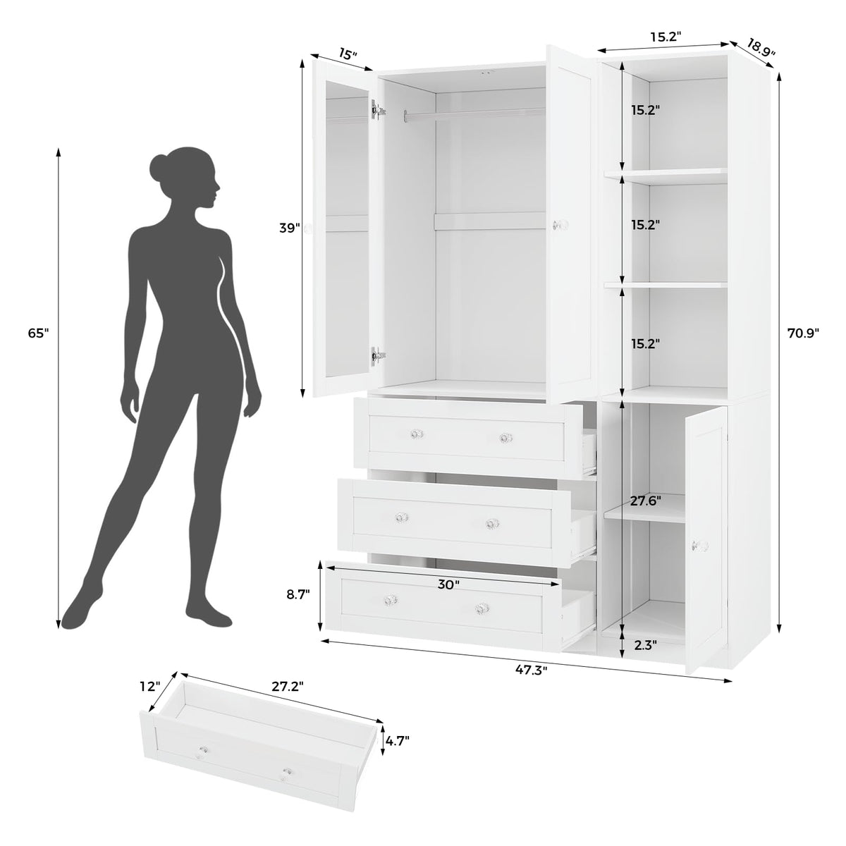 VOWNER 71"H Armoire Wardrobe Closet with Mirror and Open Shelves (1, White)