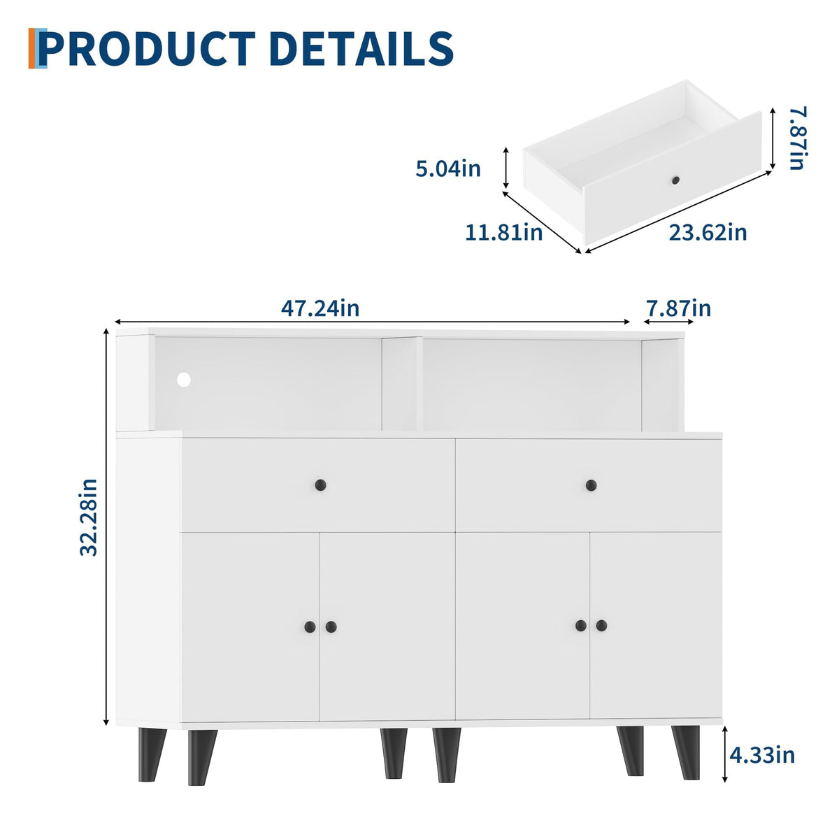 47" Sideboard Buffet Cabinet with LED Light & Power Station, White