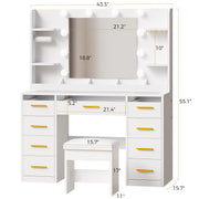 ANWBROAD Vanity Desk with Mirror and Lights 3 Colors Large Makeup Vanity Table Set Transparent Glass Top with 9 RGB Drawers, 4 Shelves Vanity Desk with Stool Power Outlet White Bedroom Women UBDT94W