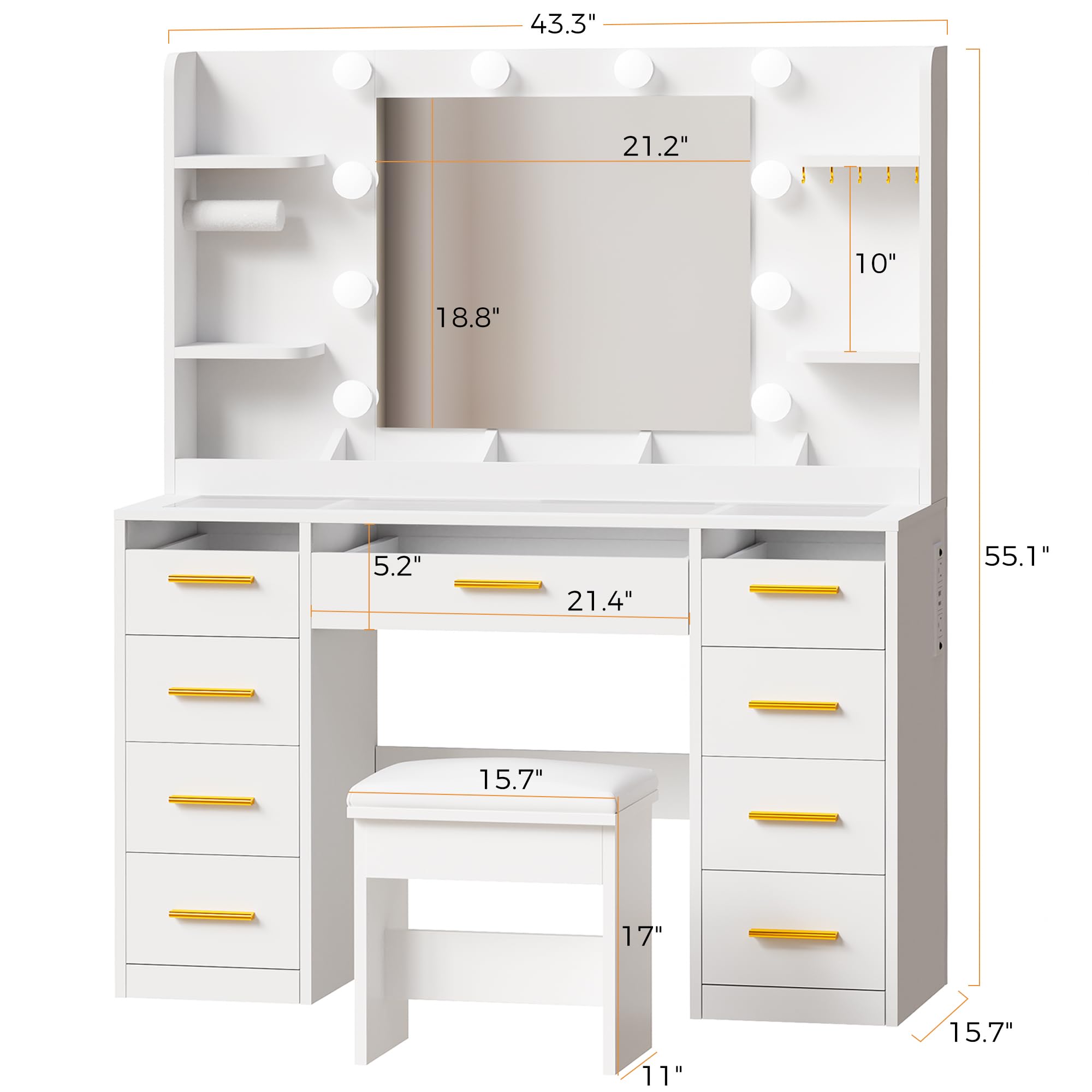 ANWBROAD Vanity Desk with Mirror and Lights 3 Colors Large Makeup Vanity Table Set Transparent Glass Top with 9 RGB Drawers, 4 Shelves Vanity Desk with Stool Power Outlet White Bedroom Women UBDT94W