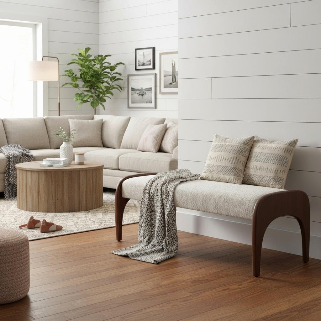 Upholstered Long Bench with Solid Wood Legs