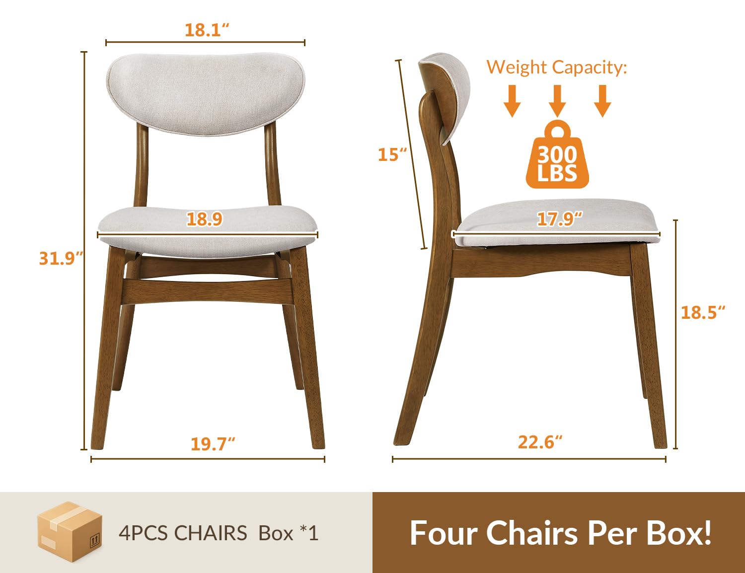Upholstered Dining Chairs Set of 4, Mid-Century Modern, Beige & Walnut
