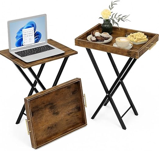 Folding TV Tray Tables, Set of 2 with Removable Serving Tray