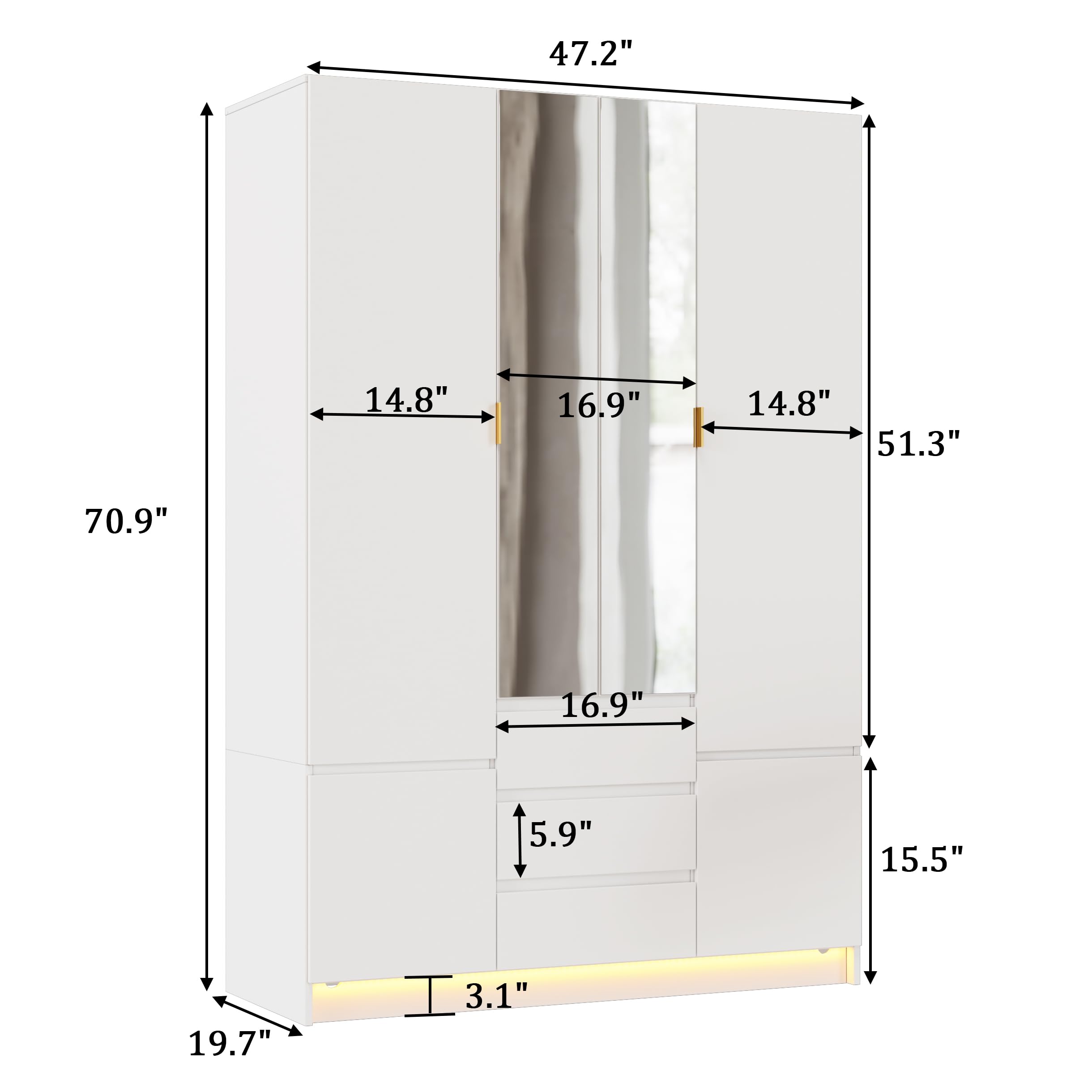 4-Door Wardrobe with LED Light & Mirror