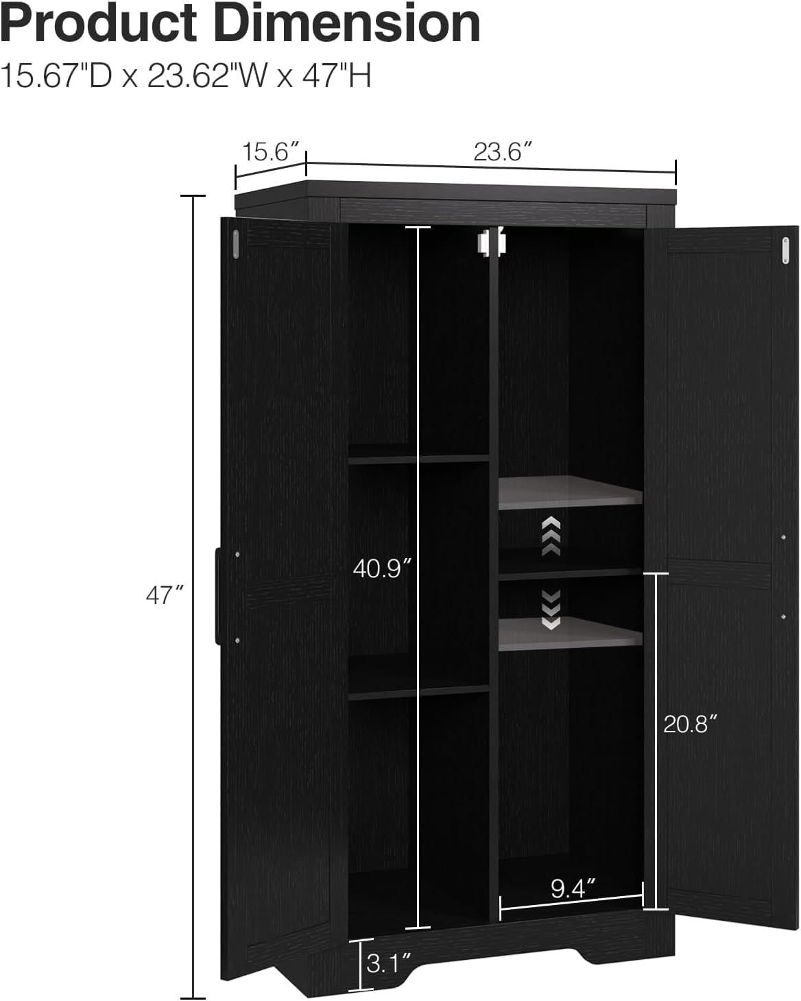 Befrases 47" Kitchen Pantry Cabinet, Farmhouse Kitchen Pantry Storage Cabinets with 2 Door and 2 Adjustable Shelves, Freestanding Cupboard for Dining Room, Living Room, Bathroom (Black)