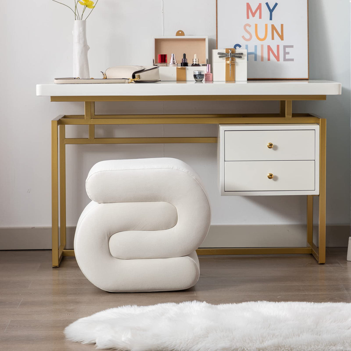 KIVENJAJA Velvet Vanity Stool, Modern S-Shaped Pouf Ottoman Footrest Makeup Chair Foot Stool Under Desk, Decorative Floor Seat for Makeup Room, Bedroom, Living Room (Velvet, Beige)