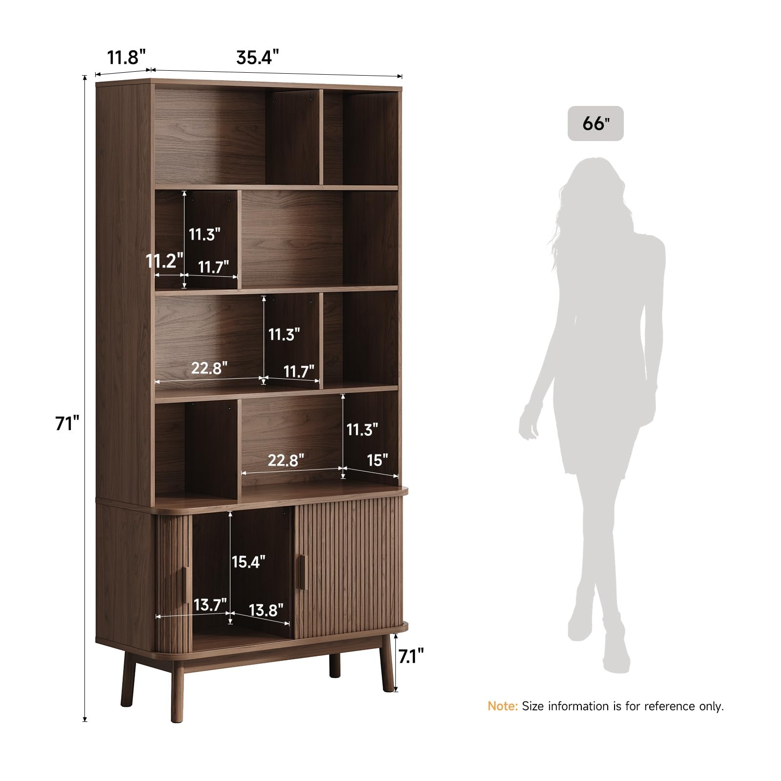 ONBRILL 71" Tall 8-Cube Storage Bookshelf, 35.4" Wide Mid-Century Modern Bookcase with Sliding Door Storage Cabinet, Freestanding Bookshelf with Solid Wood Feet, for Home Office, Living Room, Walnut