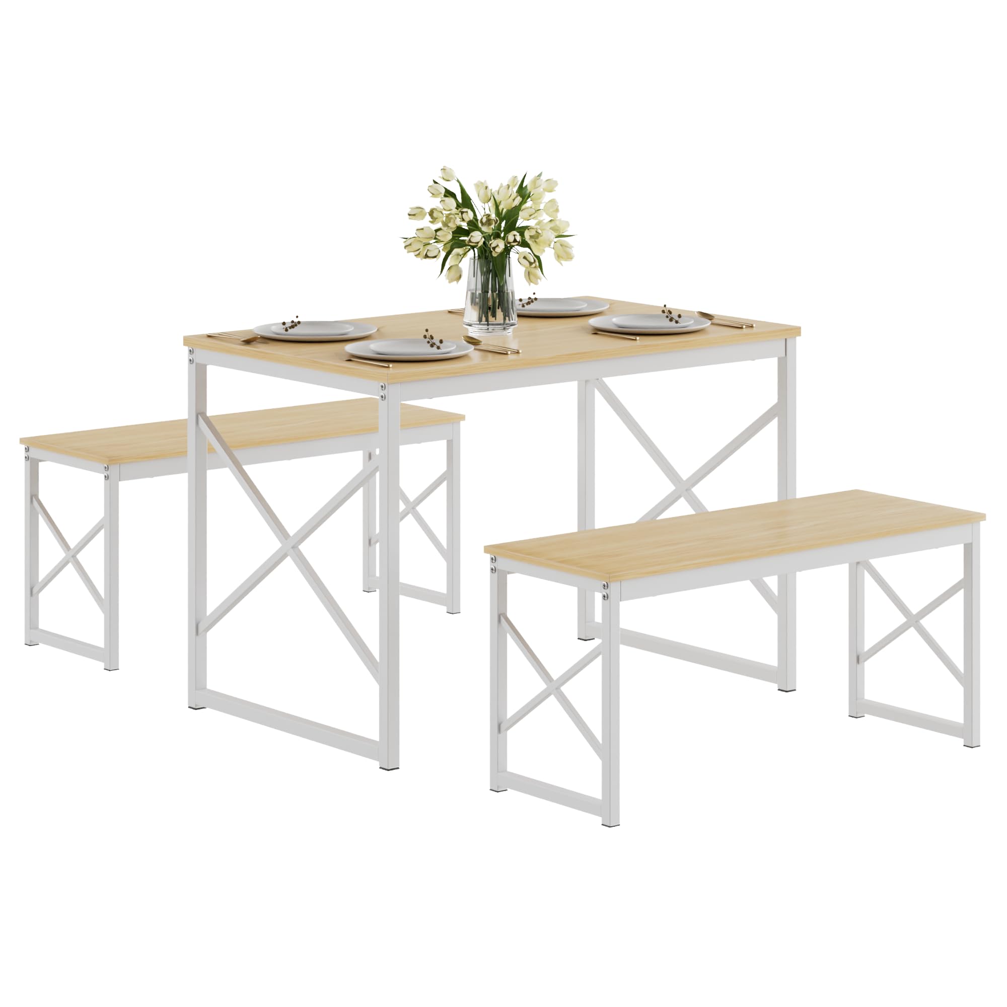 VECELO Kitchen Dining Table Benches Set for 4, 43.3" Wooden Dinette with 2 Benches, Heavy-Duty Dining Room Table for Small Space, Breakfast Nook, Natural Oak