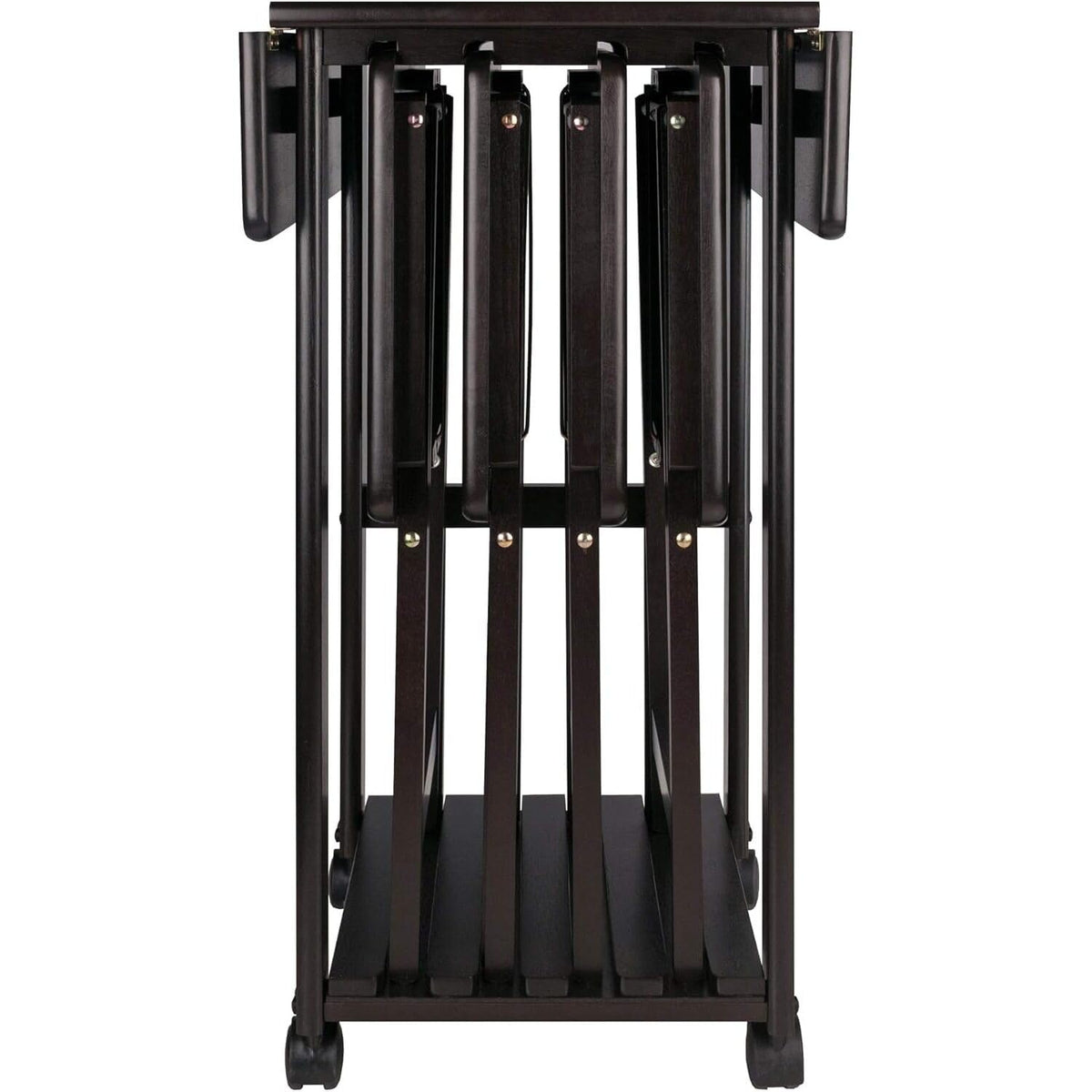 HomeStock 5-Piece Snack Table Set with Double Drop-Leaf Storage Table, 4 Folding Snack Tables, Grooved Slots, Solid Wood Design, and Rolling Casters Coffee