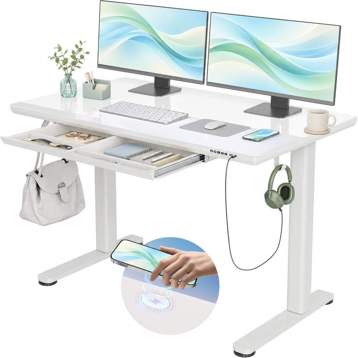 Seang 48" x 24" Glass Standing Desk with Wireless Charging & Drawers