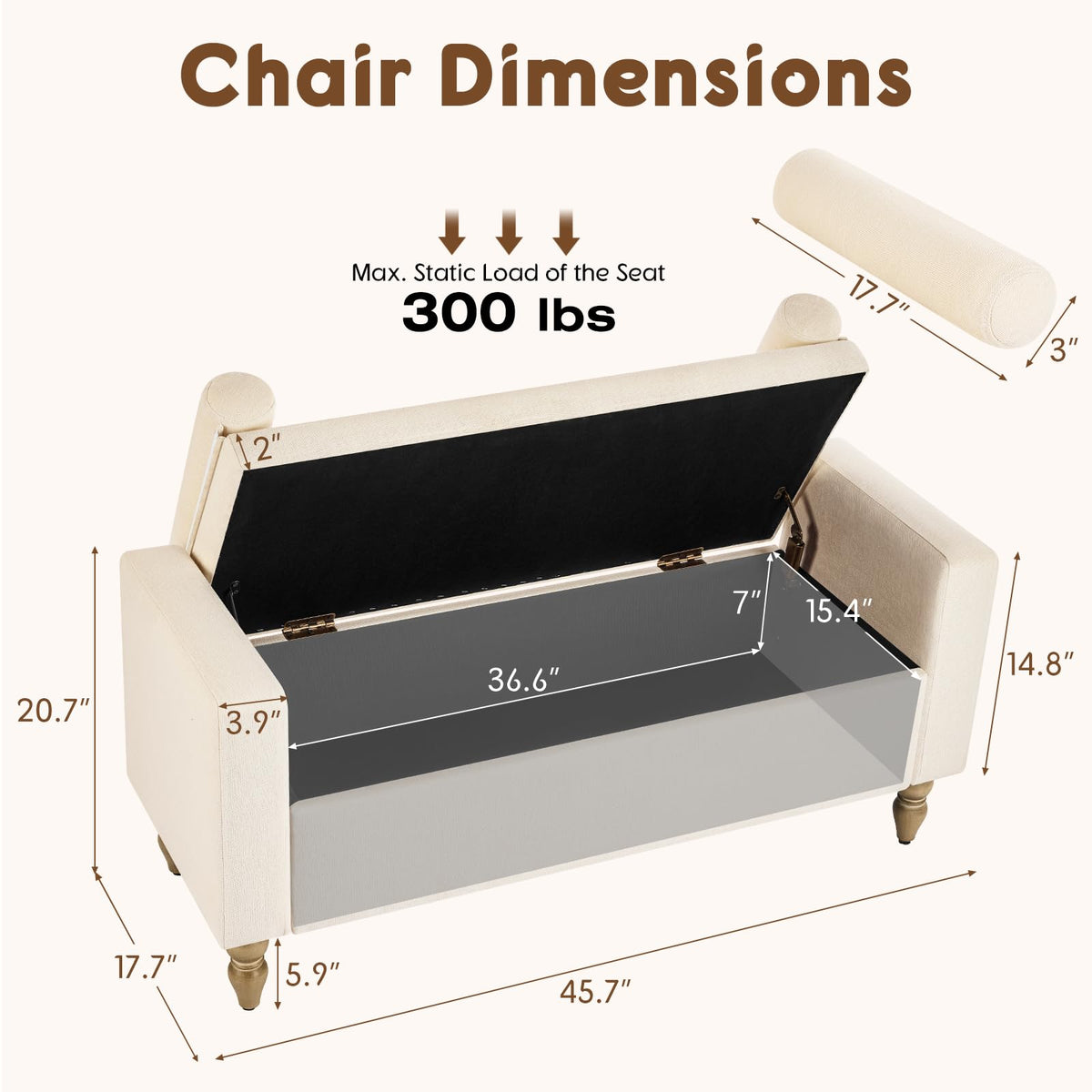 Storage Ottoman Bench, Upholstered End of Bed Bench Linen 45.7" Beige