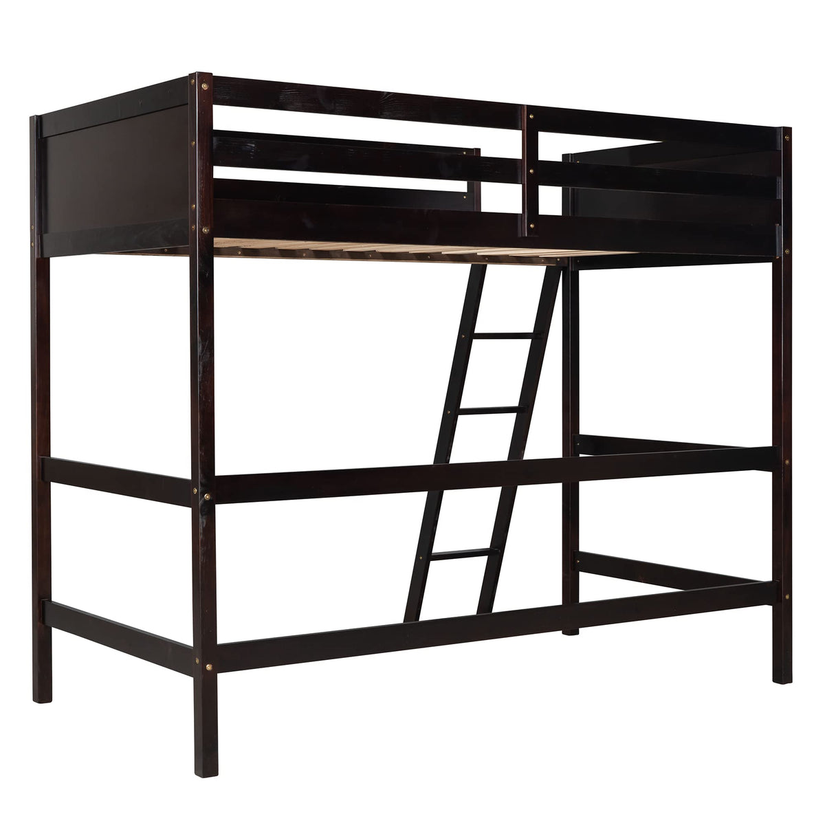 SOFTSEA Twin Size Loft Bed for Teens Adults, Solid Wood High Loft Bed Frame with Safety Rails & Ladder, Espresso