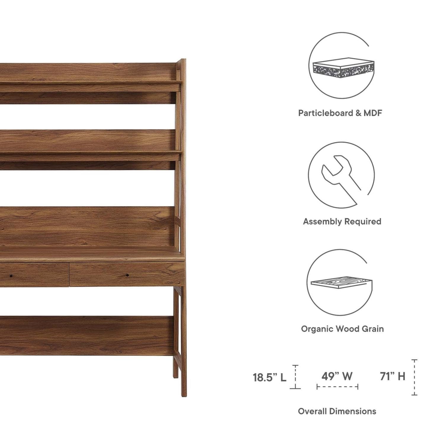 49" Office Desk with Tiered Bookshelf & 2 Drawers