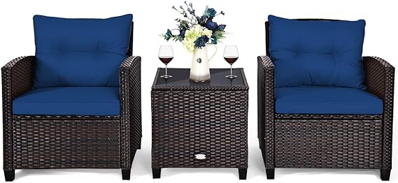 3-Piece Outdoor Rattan Conversation Set with Cushions & Glass Table