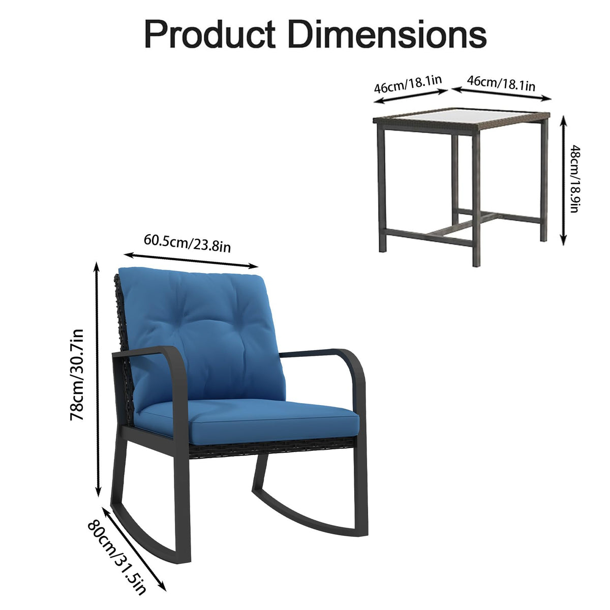 HLNPTN 3 Piece Rocking Bistro Patio Set, Outdoor Rocking Chair, Outdoor Bistro Sets Wicker Patio Furniture Rocking Chairs Sectional Couch with Tempered Glass Top Coffee Table & Cushions, Dark Blue