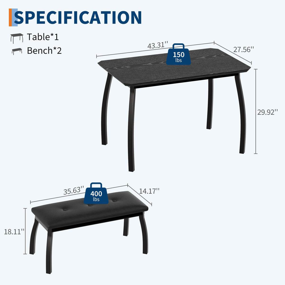 GAOMON 3-Piece Dining Table Set for 4, Industrial Kitchen Table with 2 PU Leather Benches, Engineered Wood Top & Metal Frame, Space-Saving Dinette Set for Dining Room, Apartment, Home，Black