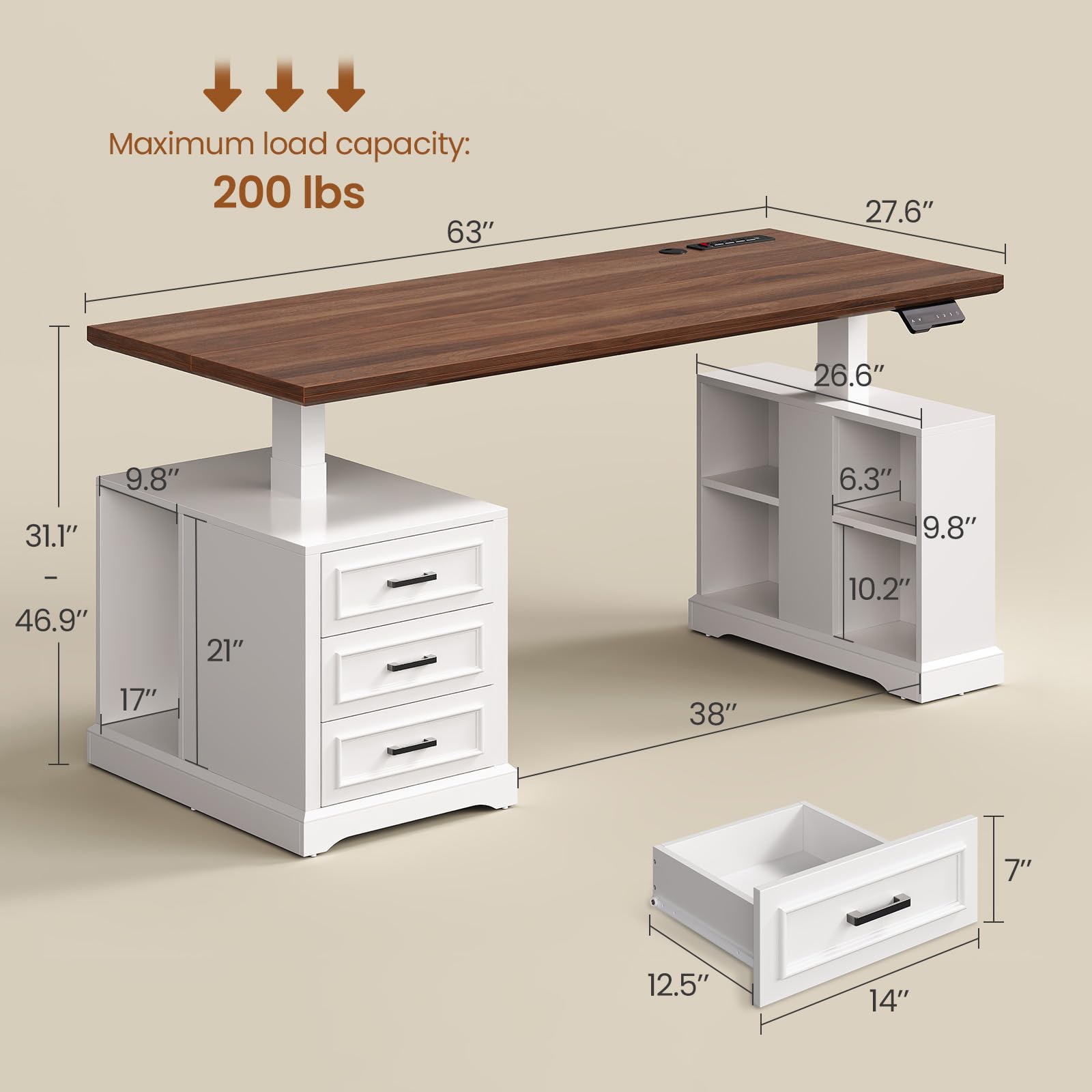 63" Electric Height-Adjustable Standing Desk with Drawers & Power Outlets