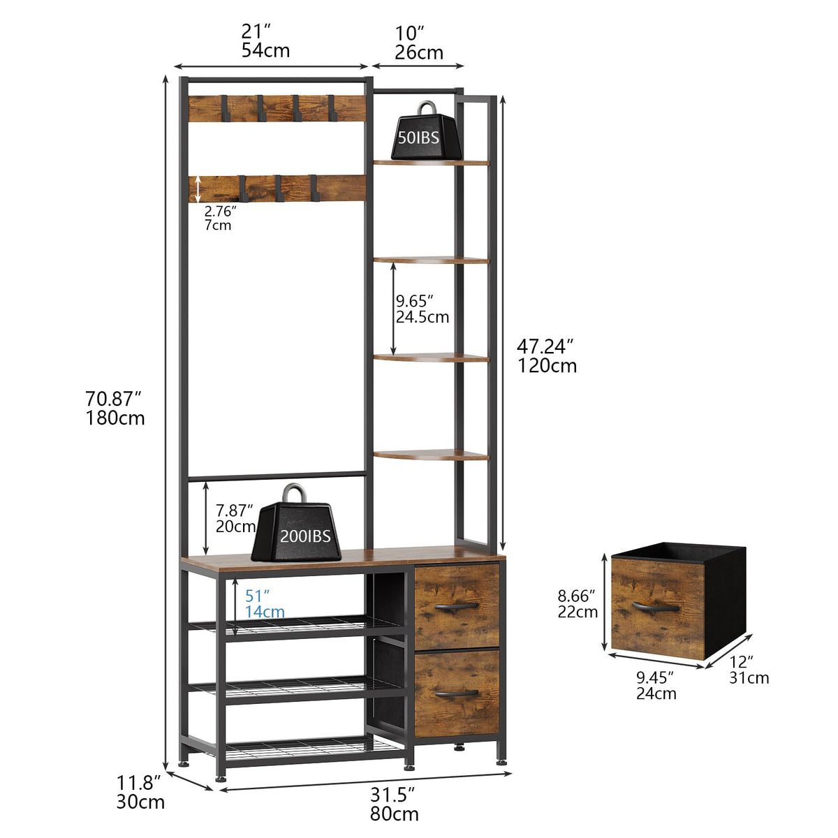 Hall Tree with Shoe Bench and Drawers