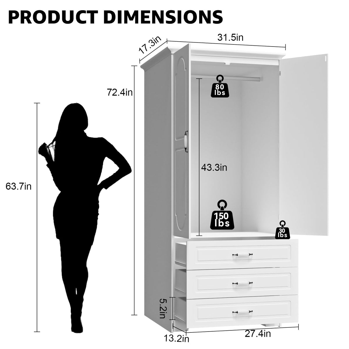 White LED Wardrobe with 3 Drawers