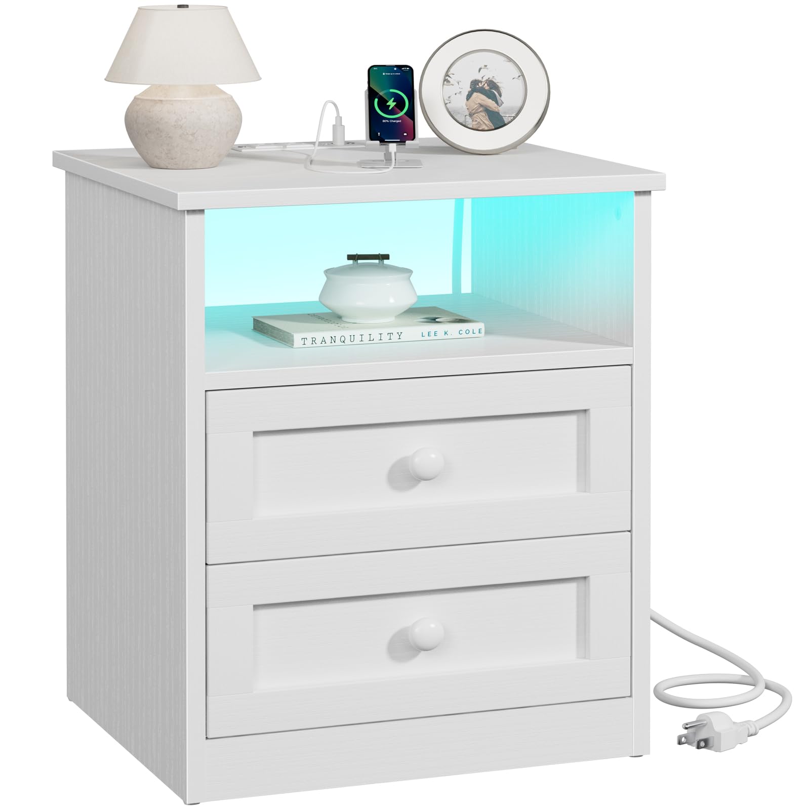 Nightstand with Charging Station & LED Lights